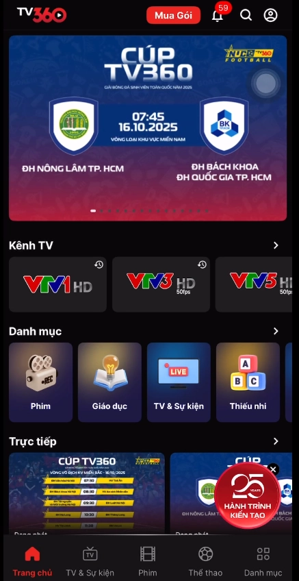 Bấm vào banner 25 năm hành trình kiến tạo trên app TV360