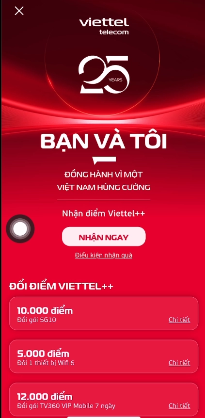 Màn hình nhận điểm Viettel ++ trên app TV360
