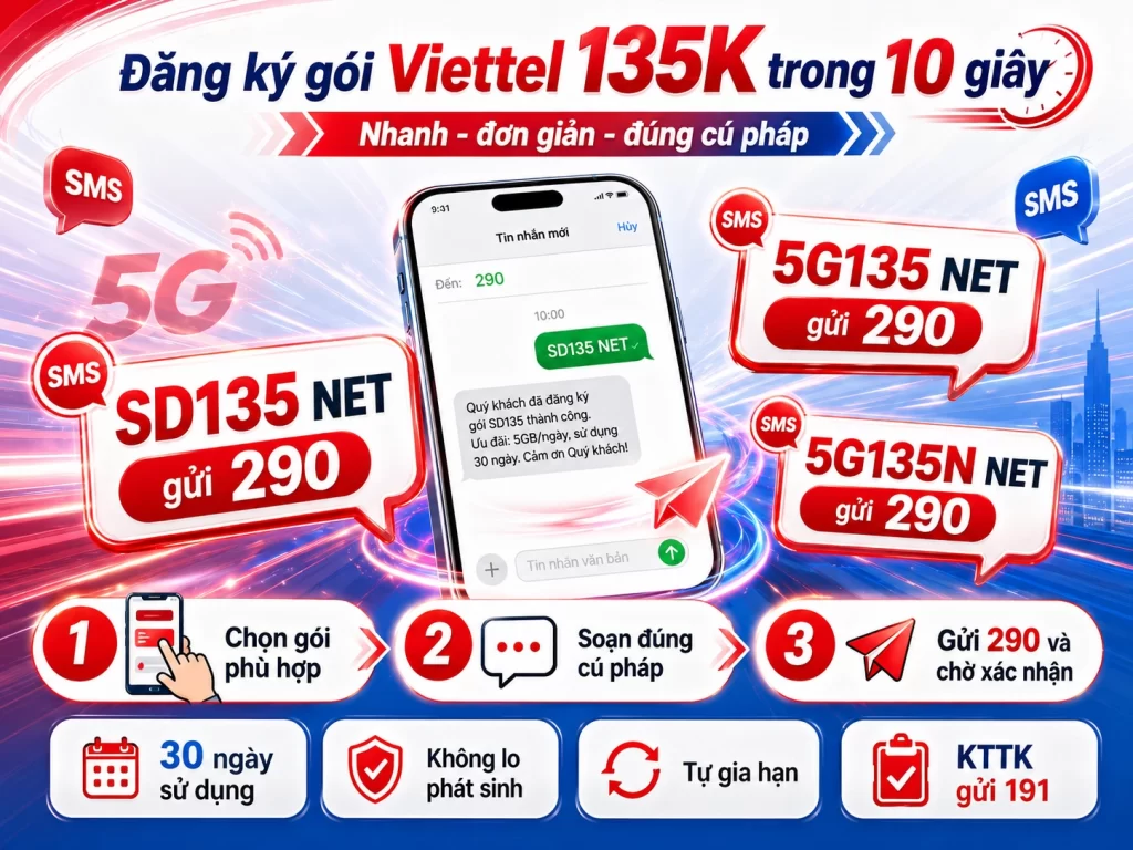 Cách đăng ký gói cước Viettel 135K 1 tháng