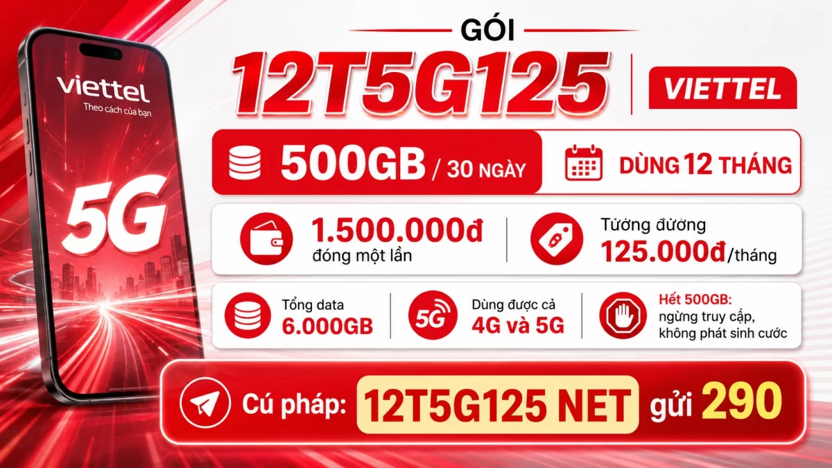 Gói cước Gói 12T5G125 Viettel của viettel